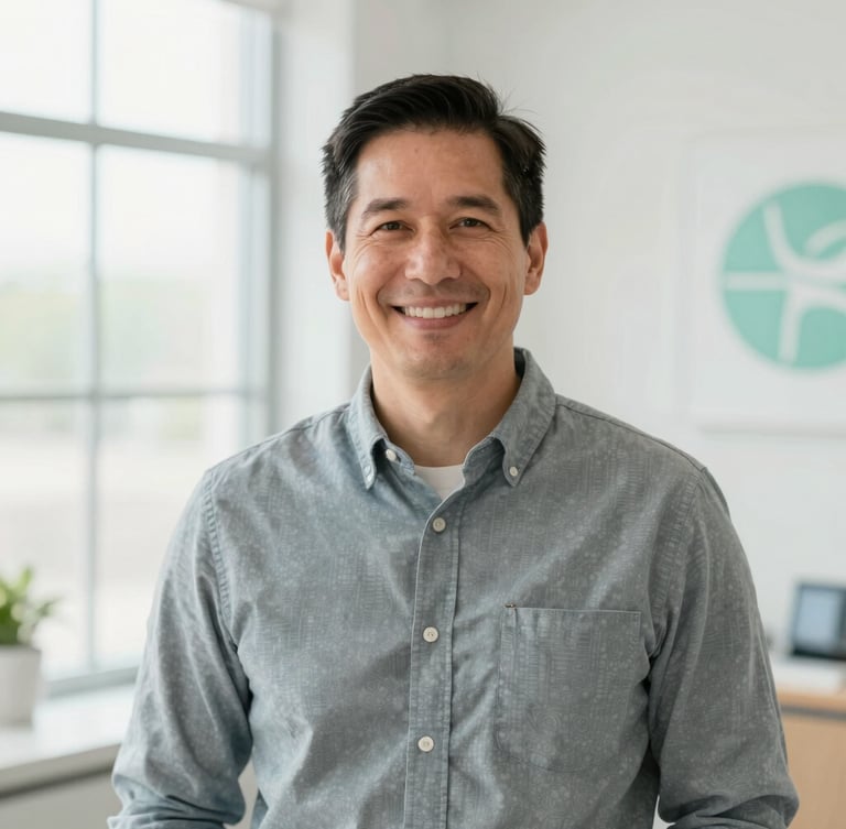 A warm medium environmental portrait of Dr. Andrew Odle, a male physician in his 40s, wearing business casual attire in his bright, modern Liberty Lake clinic, smiling warmly, soft natural window lighting, clean clinical background.