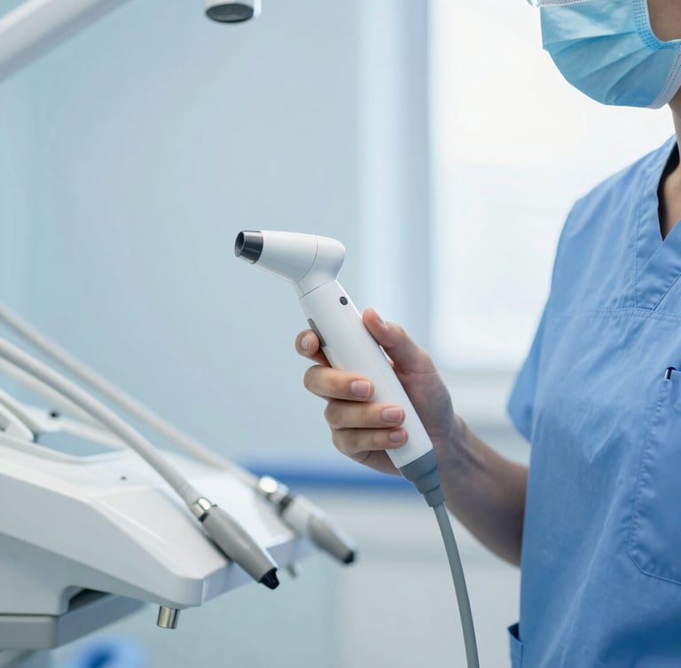 Professional dentist in clean blue scrubs holding a modern digital intraoral scanner, bright daylight, soft blue tones, professional medical photography