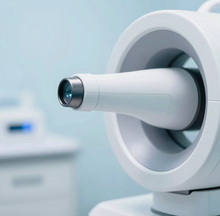 Close-up of a high-tech modern dental 3D scanner in a bright clinic, soft blue background, clean medical photography, shallow depth of field