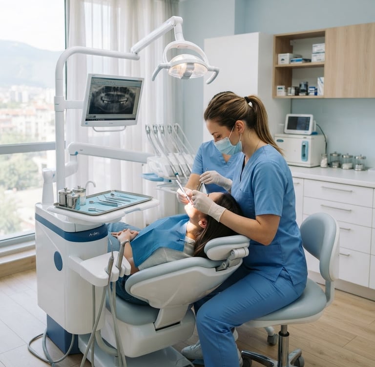 Bright modern dental clinic interior in Sofia, soft blue and white tones, natural daylight, professional clean medical photography