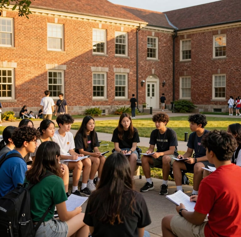 Students gathered in a sunlit historic courtyard of Oakridge Academy, engaged in active discussion, warm golden-hour light, brick architecture, vibrant community, portrait orientation, bleeding to canvas edge.