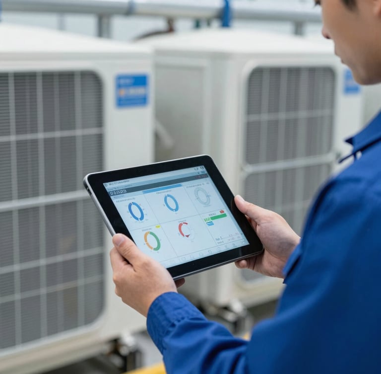 Close-up of a specialized technician in a clean uniform holding a digital tablet displaying technical HVAC diagnostics, industrial chiller pipes in the background, sharp focus, cool blue tones