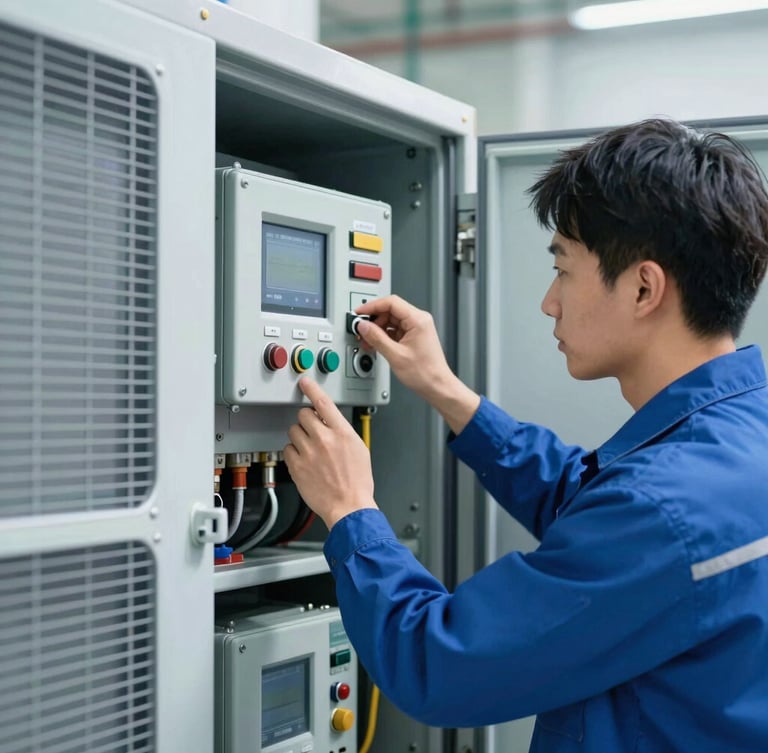 Close-up of a specialized HVAC technician in a clean uniform inspecting a complex industrial chiller control panel, sharp focus, cool blue tones