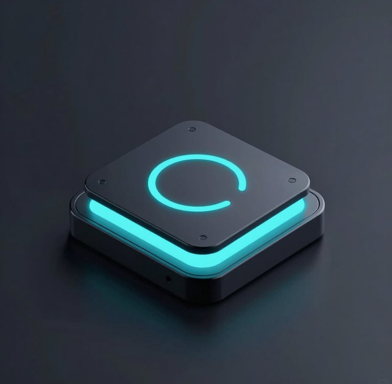 Sleek device mockup displaying a custom dark-mode interface with glowing electric cyan accents on a dark obsidian background, sharp technical details, clean isometric composition