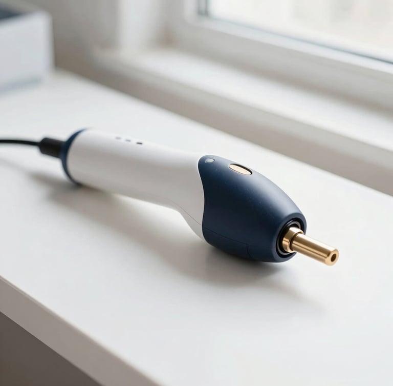 Bright editorial photography, close-up of a high-tech laser handpiece resting on a pristine white surface, soft golden light, clean luxury aesthetic.