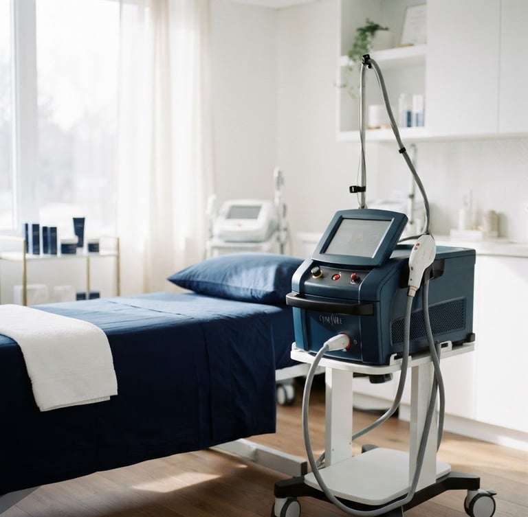 Bright editorial photography, soft natural window light, pristine white treatment cabin with navy linens and modern laser equipment, shallow depth of field.