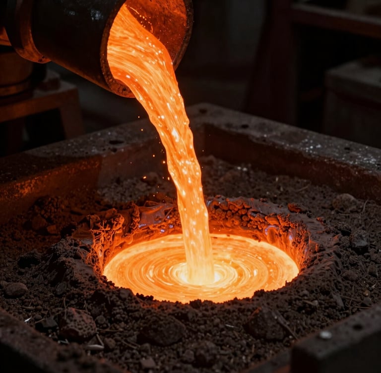Macro shot of glowing molten iron pouring into a raw sand mold, deep charcoal shadows contrasting with intense warm orange heat, industrial foundry setting, 35mm.