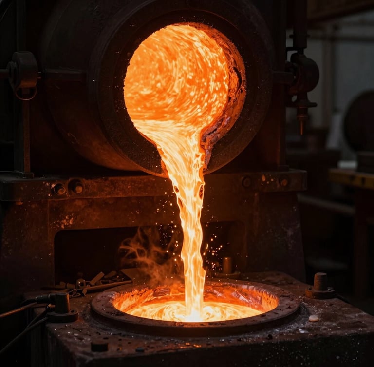 Dramatic industrial close-up of molten orange iron pouring from a traditional furnace, deep charcoal background, high contrast, 35mm.