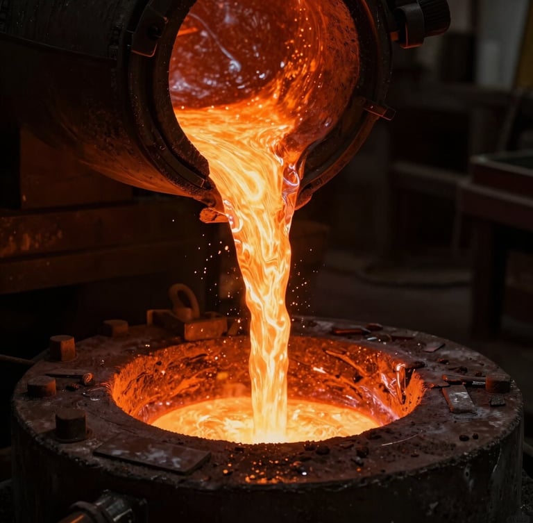 Molten iron pouring into a traditional sand mold in a dark foundry, glowing orange light, high contrast