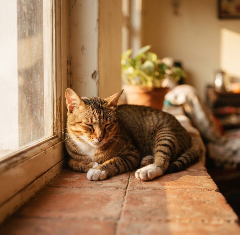 Warm editorial portrait of a healthy native Indian indie cat resting on a terracotta tiled windowsill, soft golden-hour window light, shallow depth of field, 35mm