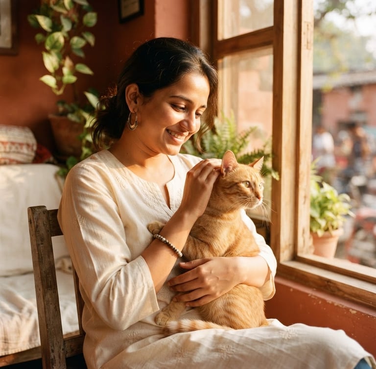 Warm editorial photography of a friendly volunteer holding a healthy native Indian ginger cat near a sunlit window, soft golden-hour light, rich terracotta tones, shallow depth of field, 35mm