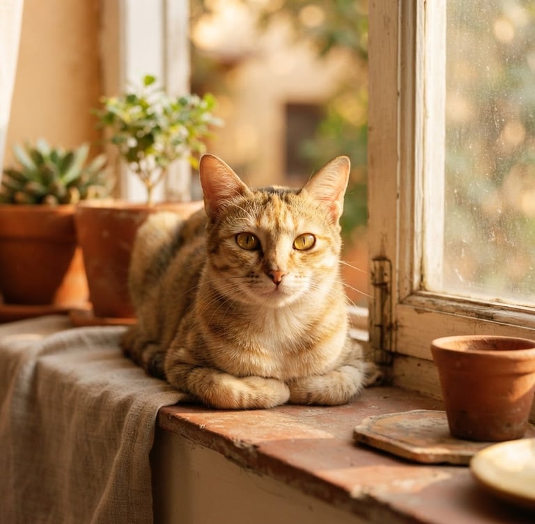 A beautiful Indian Indie cat with golden eyes sitting in a warm sunlit window, soft golden-hour light, terracotta tones, shallow depth of field, 35mm photography