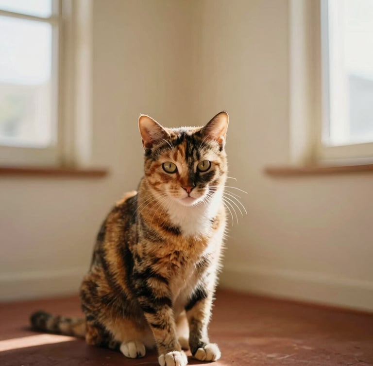 A warm editorial portrait of a volunteer gently cradling a healthy tortoiseshell desi cat in a sunlit cream-walled room, soft focus on the cat's content expression, 35mm