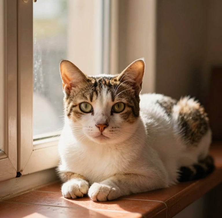 Close-up of a healthy, beautiful Indian Indie cat resting on a warm terracotta tiled windowsill, soft golden sunlight streaming through the window, shallow depth of field, 35mm.