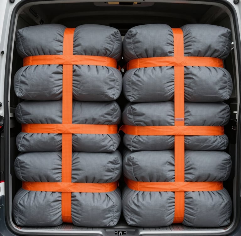 Tight geometric close-up of a perfectly packed transport van interior, heavy-duty grey moving blankets secured with bright orange tension straps in a precise grid layout.
