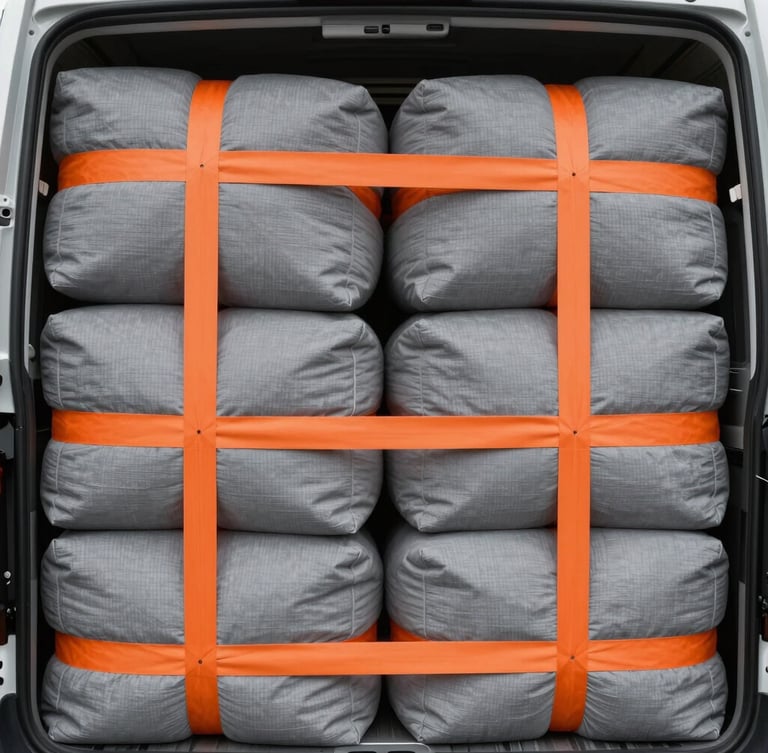 Tight geometric close-up of a neatly packed transit van interior, heavy-duty grey moving blankets wrapped around designer furniture and secured with bright orange tension straps in a perfect grid, crisp overcast daylight.