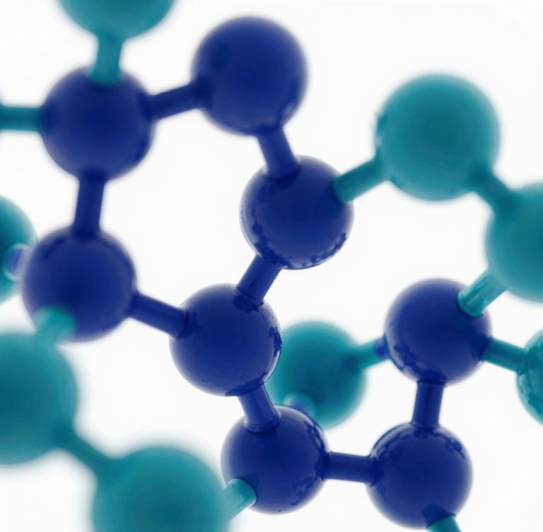 Macro shot of abstract geometric 3D molecular structures in deep blue and medical teal, bright high-key lighting, clean white background, conveying scientific precision.