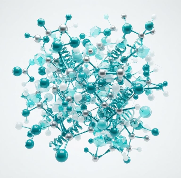 Bright high-key abstract molecular 3D render, medical teal accents, clean white background, crisp studio light, 85mm