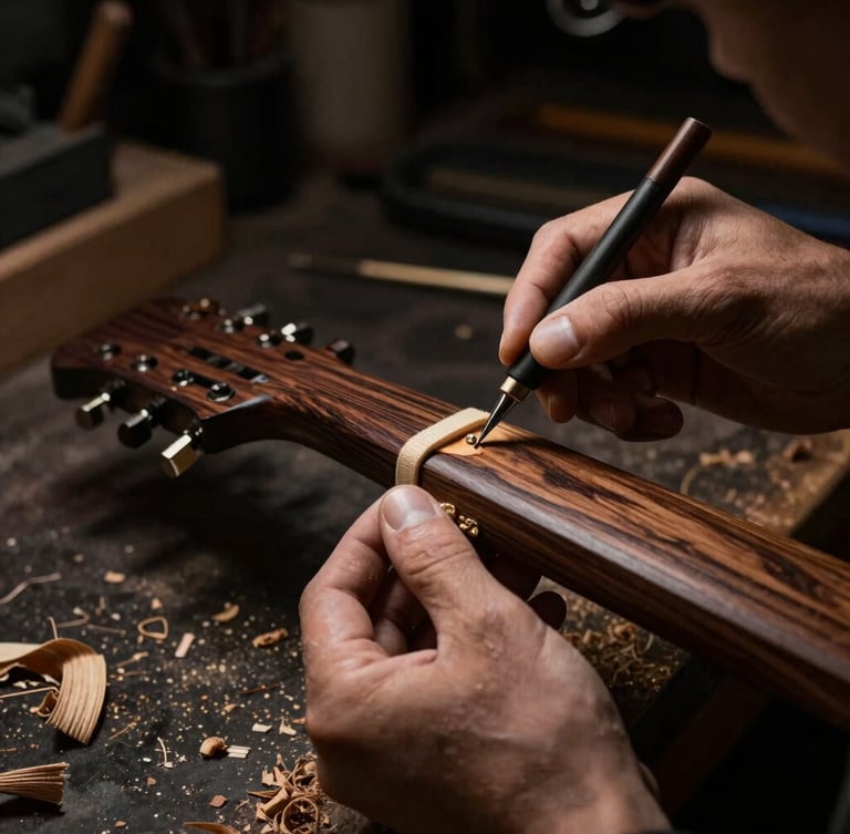 Hands of a master luthier carving a guitar neck in a dark workshop, dramatic side glare highlighting wood shavings and textures, low-key lighting
