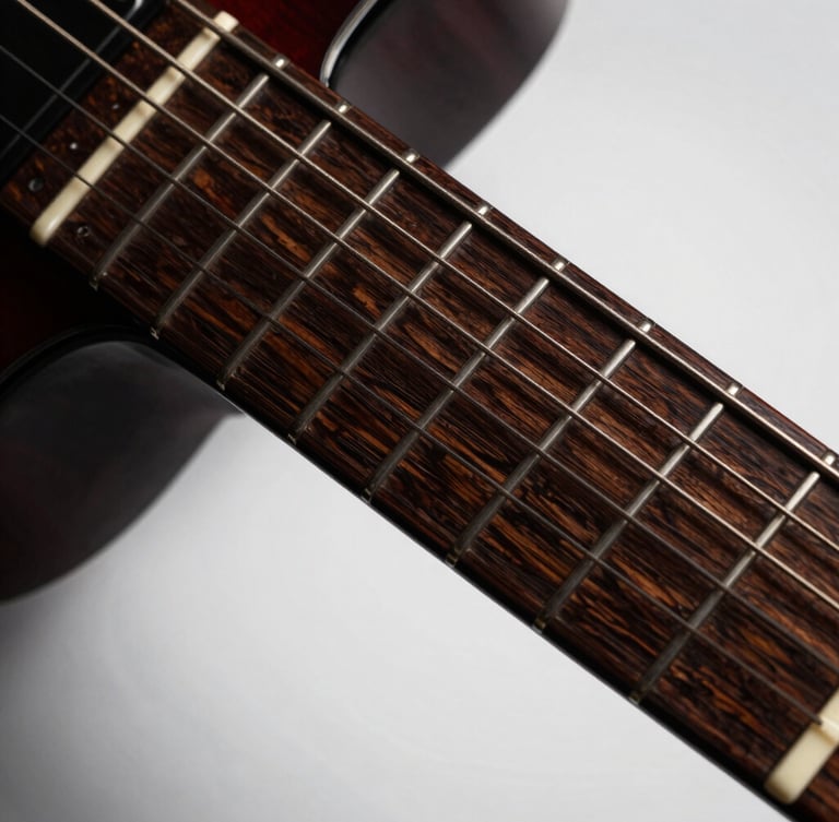 Dramatic close-up of a polished guitar fretboard catching low-key side lighting, rich dark wood grains, high contrast studio photography, 85mm