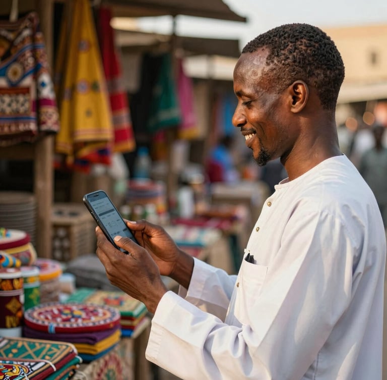 Side view of a smiling Sudanese local merchant in a vibrant market stall, holding a smartphone showing a digital storefront, warm golden hour sunlight, shallow depth of field