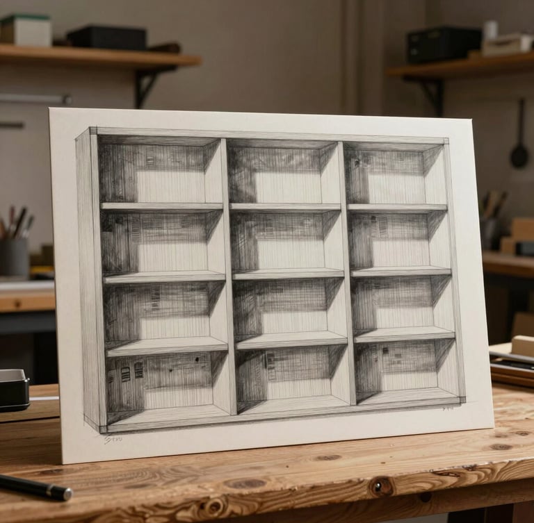 Straight-on architectural detail of a hand-drawn pencil sketch of a custom bookcase resting on an oak workbench, soft directional workshop light from the side, graphite lines visible, warm wood grain backdrop.