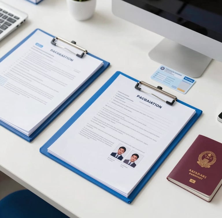 Flat-lay of neatly organized document folders, Aadhaar card, and passport photos on a clean white desk, bright natural daylight