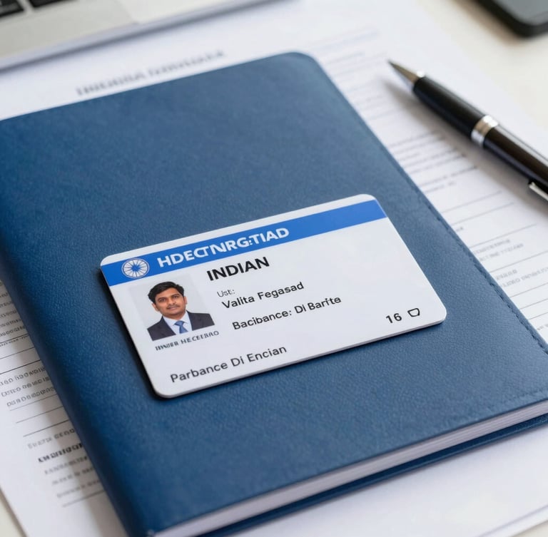 A clean flat-lay of an Indian vehicle registration smart card placed on a professional dark blue folder, surrounded by a pen and official documents under bright office daylight.