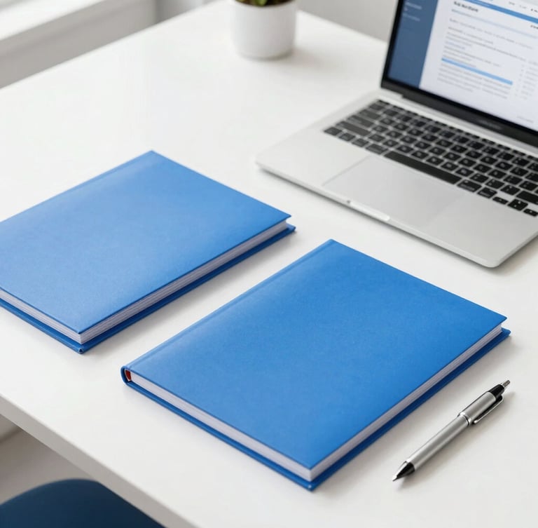 A professional flat-lay of organized blue document folders, a sleek silver pen, and a laptop showing a clean application form on a bright sunlit office desk.