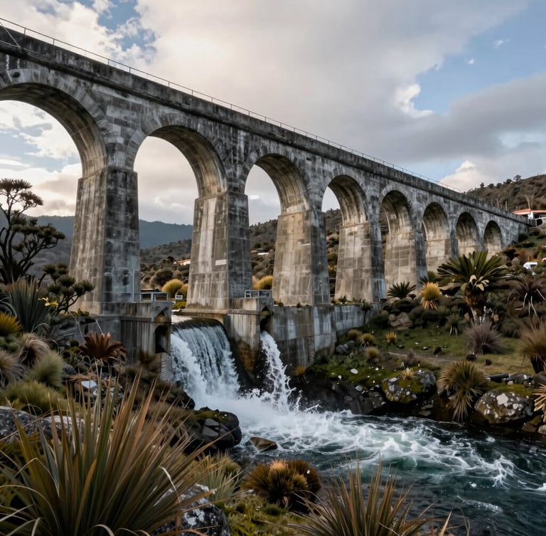 Plano medio de la bocatoma de concreto del acueducto San Isidro rodeada de vegetación nativa del páramo de Tasco, agua cristalina fluyendo bajo la luz natural de la tarde andina