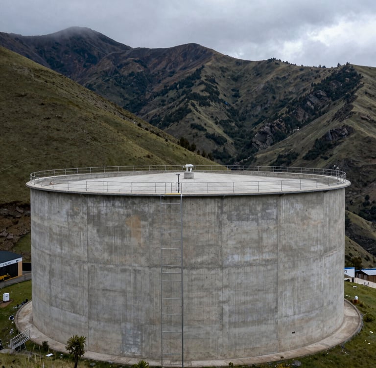 Wide shot of a concrete water storage tank on a green Andean hillside in Tasco, overcast mountain sky, cold highland daylight.
