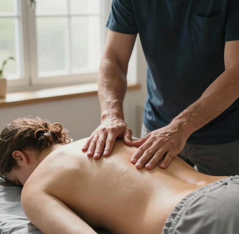 Plano medio de un fisioterapeuta realizando una suave movilización articular en la espalda de un paciente, luz natural suave entrando por un ventanal, ambiente clínico cálido y minimalista.