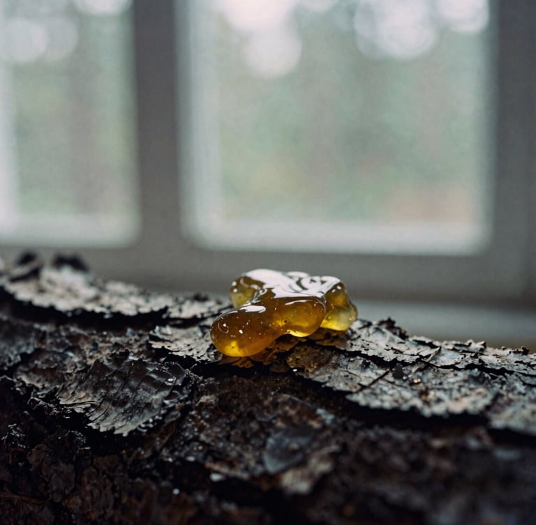 Macro 35mm film shot of raw dripping pine resin on dark bark, soft window light, desaturated forest tones.
