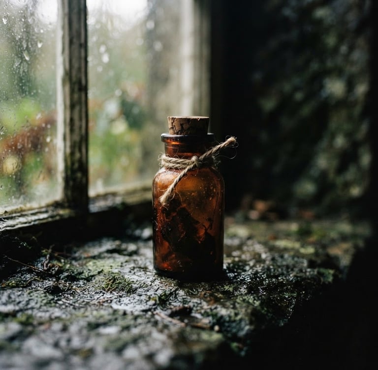 Moody film photography of an amber glass apothecary bottle on a damp stone surface, soft north-facing window light, desaturated moss green tones, macro lens, 35mm
