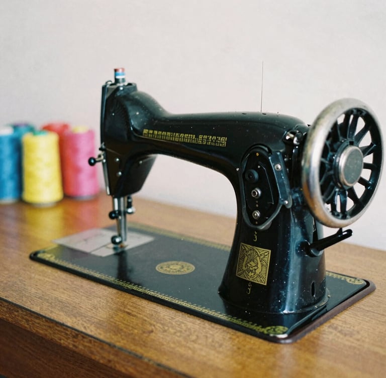 A vintage black sewing machine on a wooden table, colorful spools of thread arranged neatly in the background, soft daylight, 35mm film look