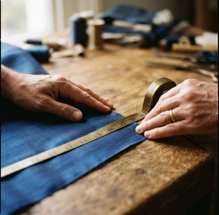 Macro close-up of hands measuring fine silk fabric with a brass tape on a wooden table, soft natural workshop light, shallow depth of field