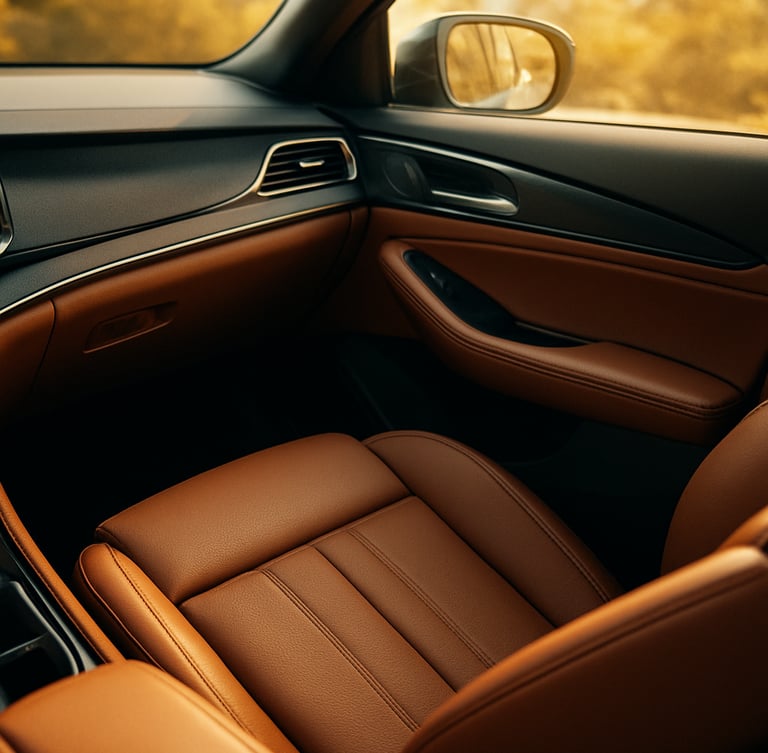 Interior of a clean, premium modern vehicle, air conditioning vents visible, leather seats, soft golden daylight filtering through the window, high-end travel feel