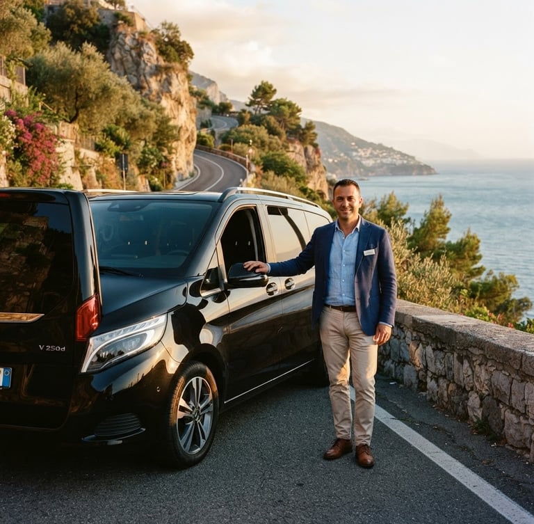 A professional local driver in smart-casual attire standing next to a clean, modern black premium van, warm golden hour Mediterranean light, coastal road in the background, 35mm photography