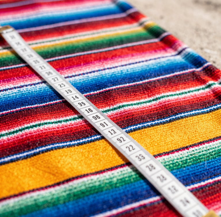 Vibrant pet photography, close-up of a colorful hand-woven Mexican fabric with a tailoring tape measure draped over it, bright natural daylight, shallow depth of field, 35mm