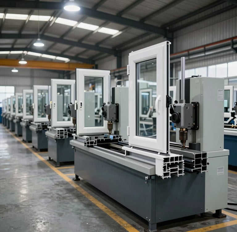 Wide-angle industrial factory floor, clean rows of CNC corner welding machines processing heavy-duty uPVC window profiles under bright overhead lighting.