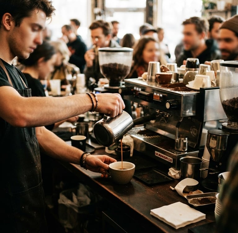 Candid shot of a bustling solidarity café counter, barista hands pouring coffee, warm ambient light, blurred faces of community members, 35mm film grain, high contrast.