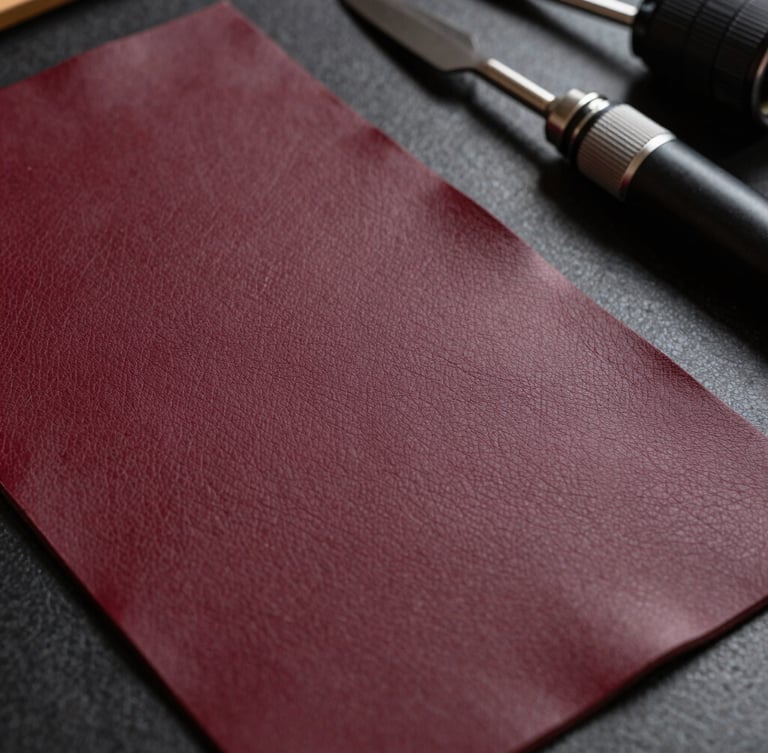 Extreme close-up focusing on the texture of premium burgundy leather swatches and custom sneaker tools on a dark workbench.