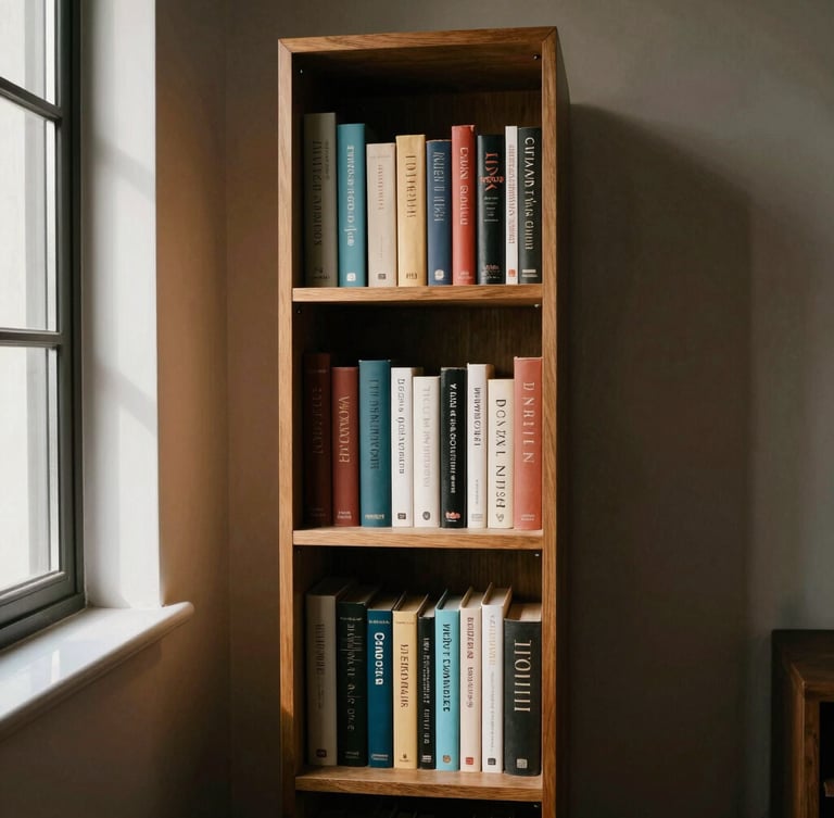Full-height architectural crop of our open-back book tower in a narrow alcove, dramatic directional side-light