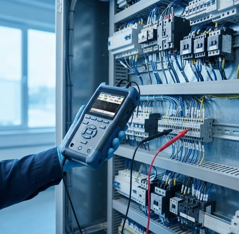 Close-up of a high-precision digital diagnostic tool testing an organized electrical control panel with clean wiring, bright daylight, blue tones.