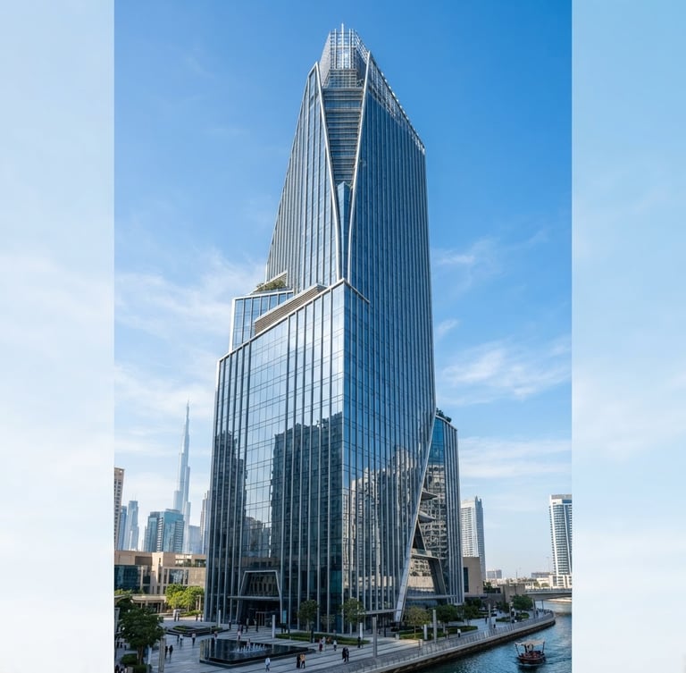 Wide architectural shot of a modern glass high-rise commercial building in Dubai, bright clean daylight, crisp focus, cool blue tones.