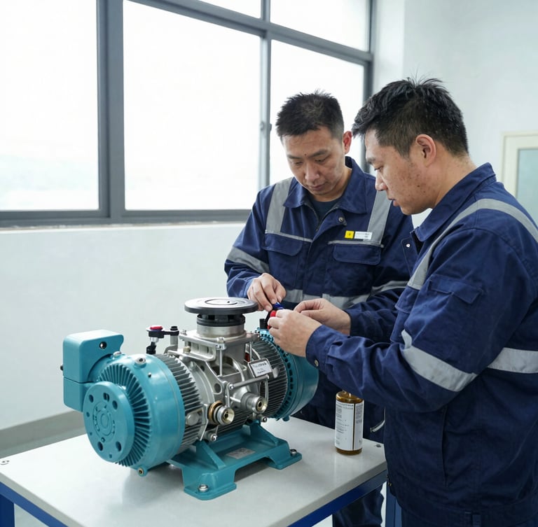 A certified technician in clean, branded high-vis gear examining a complex mechanical pump system inside a brightly lit utility room.