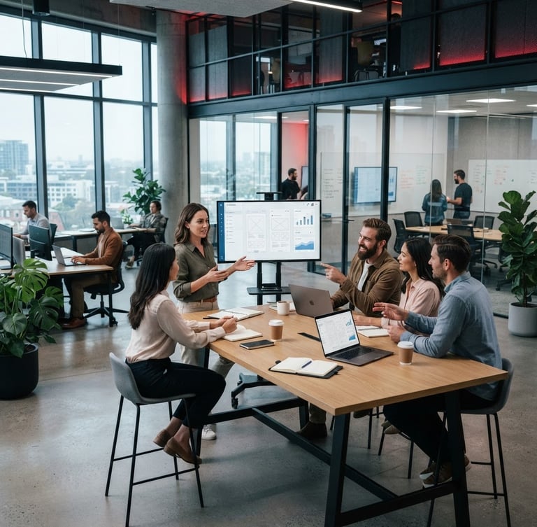 Wide shot of professionals collaborating in a sleek, modern tech office, cool daylight, subtle red ambient highlights, sharp focus, device mockups on screens.