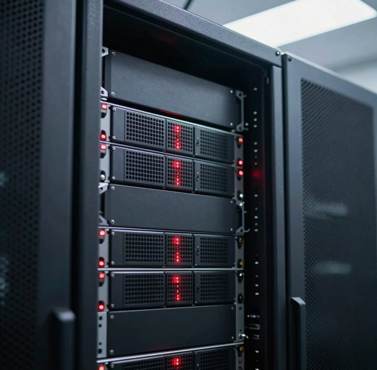 Close-up of server infrastructure with subtle red LED light accents, sharp focus, sleek editorial photography, conveying engineering precision.