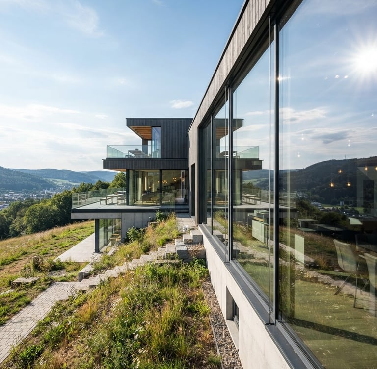 Wide panoramic view of a modern house in Albstadt with large, sparkling clean glass facades reflecting the Swabian Alb landscape, bright natural daylight, crisp architectural photography, cool blue and slate tones, high contrast, sun flares on the glass, image on the right side bleeding to the edge.