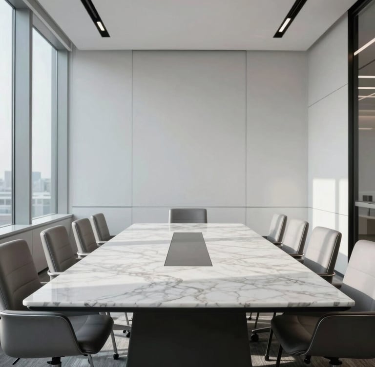 A minimalist, high-end corporate boardroom with a large marble table, clean architectural lines, cool natural window light, sharp shadows, luxury modern financial office aesthetic.
